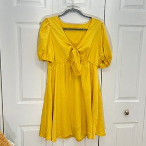 SHEIN Yellow Puff Sleeve Front Tie Dress